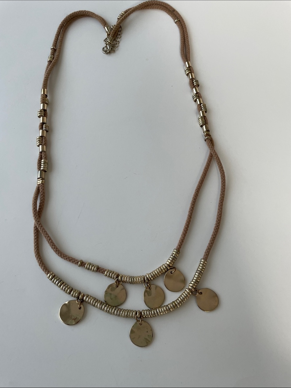 Talbots Gold Disc Double-Layer Necklace on Tan Cord